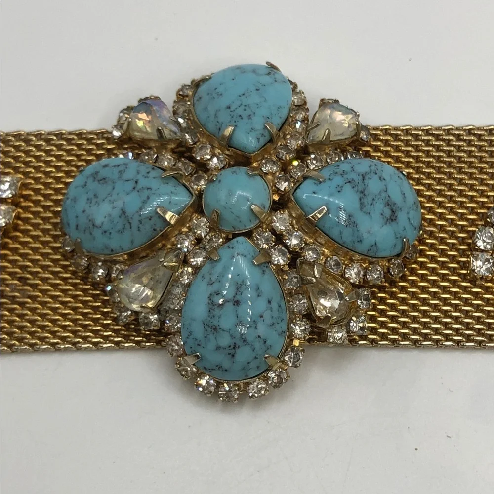 Vintage Gold Tone Mesh Cuff Bracelet Faux Turquoise Rhinestone Statement - Picture 5 of 7